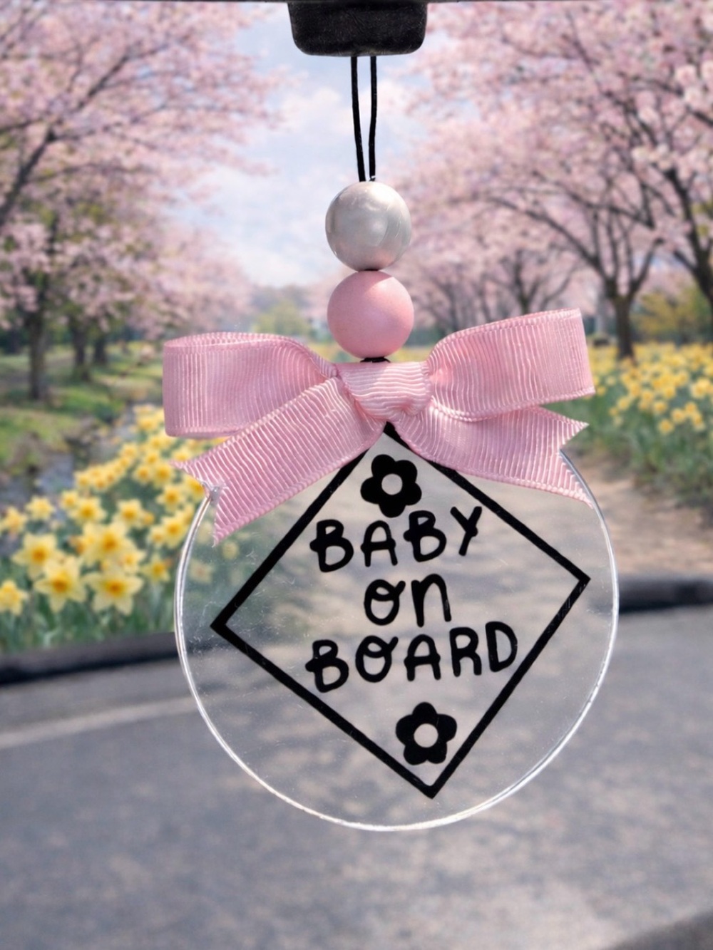 Baby on Board Hanging Sign – Pink Car Rearview Charm